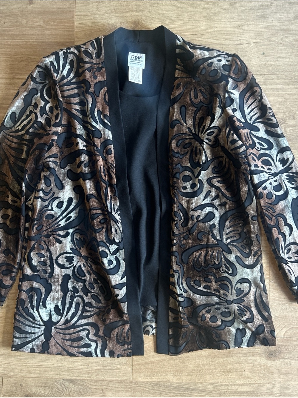 R&M Richards by Karen Wong Black and Bronze Butterfly Velvet Burnout Open Jacket
